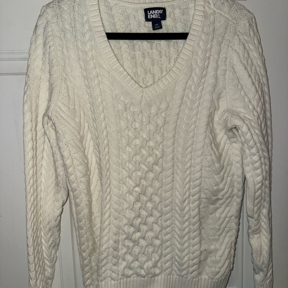 Lands' End Chunky White Cable Knit Sweater